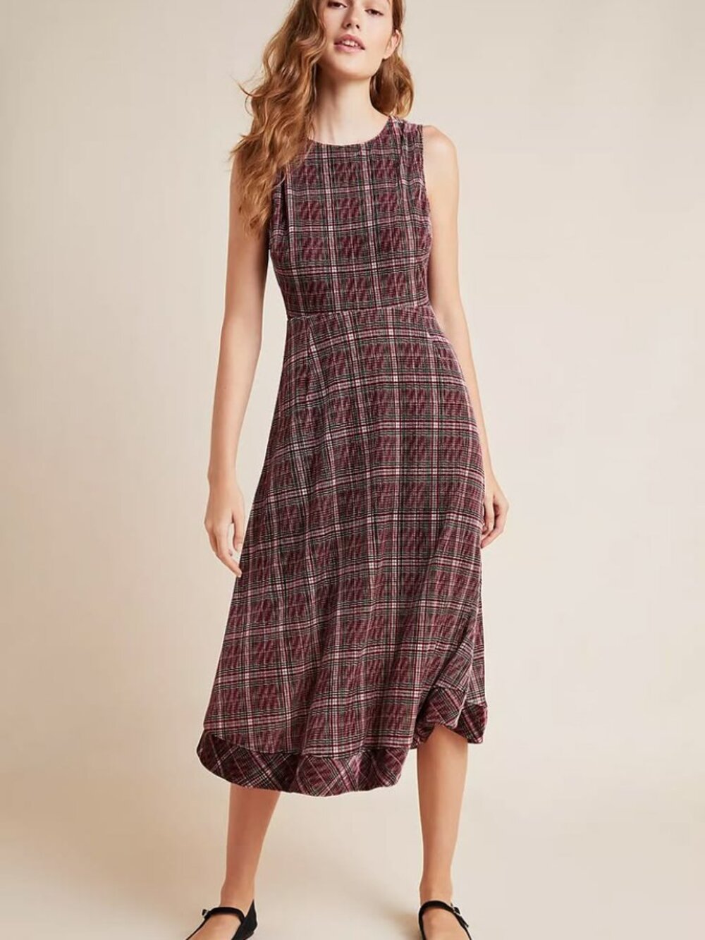 Anthropologie Eri + Ali Women's Romy Plaid Velvet Midi Dress Size Medium